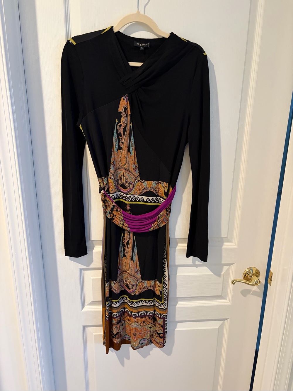 Etro Milano Black Long-Sleeve Dress with Paisley Print and Purple Accent